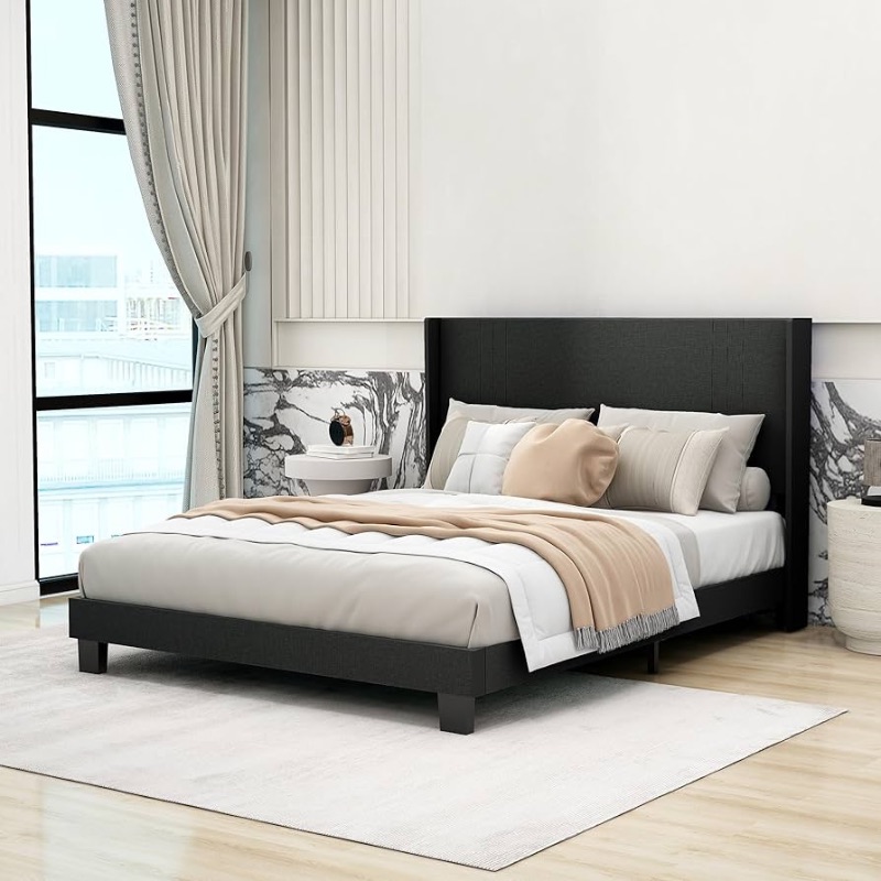 Photo 1 of **NON-REFUNDABLE, PARTS ONLY** Upholstered Platform Queen Size Bed Frame with Headboard Wooden Slats Support Easy Assembly No Box Spring Needed Black Linen