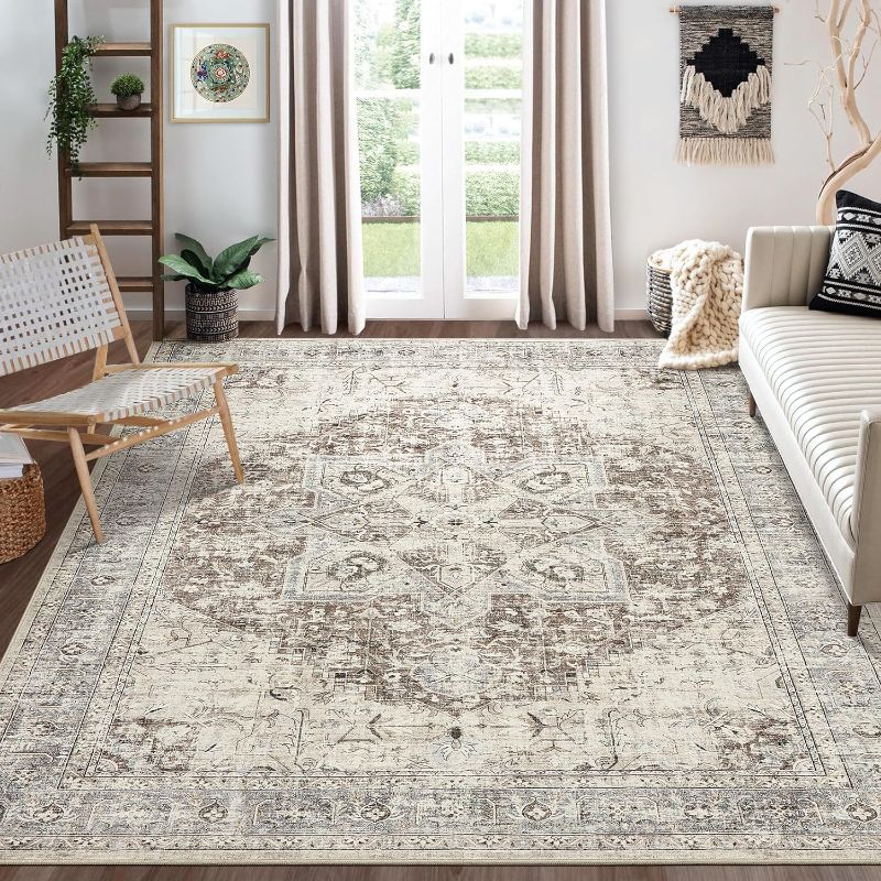 Photo 1 of **USED**
Area Rug Living Room Rugs - 9x12 Washable Boho Rug Vintage Oriental Distressed Farmhouse Large Thin Indoor Carpet for Living Room Bedroom Under Dining Table Home Office - Brown Blue
