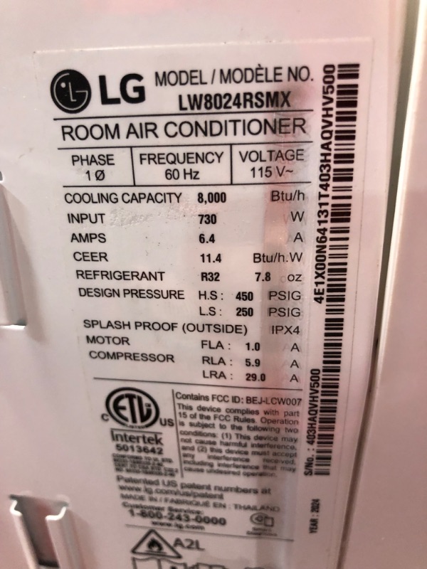 Photo 7 of ***DAMAGED - UNTESTED - SEE COMMENTS***
LG LW8024RSMX Window Conditioner, Wi-Fi Enabled w/Remote, 350 Sq.Ft, 4-Way Air Deflection, 3 Cooling and Fan Speeds, 115V, 8,000 BTU, White