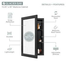 Photo 1 of ***DAMAGED - CRACKED - SEE PICTURES***
15-1/4 in. W x 26 in. H Rectangular Framed Recessed or Surface-Mount Bathroom Medicine Cabinet with Mirror, Black
