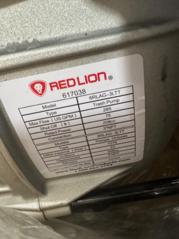 Photo 1 of **SEE NOTES** Red Lion 617038 6RLAG-3LTT 208cc, 285 GPM OHV Engine Driven Aluminum Trash Pump, 3.0 3-inch MNPT Suction and Discharge, Black