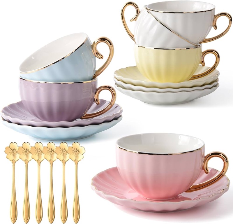 Photo 1 of **SEE NOTES** 
Teacup and Saucer Set, Tea Cups Set of 6, Porcelain Tea Cups 7.7oz, Golden Trim, Golden Spoon, Tea Cups Set of 18 for Afternoon Tea, Womens Tea Party, Home Office Present (Pumpkin Coffee Mugs)