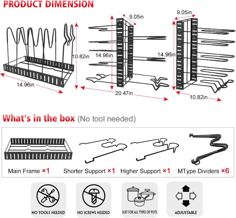 Photo 4 of (READ FULL POST) G-TING Pot Rack Organizers, 8 Tiers Pots and Pans Organizer for Kitchen Organization & Storage, Adjustable Pot Lid Holders & Pan Rack for Kitchen, Lid Organizer for Pots and Pans With 3 DIY Methods Black