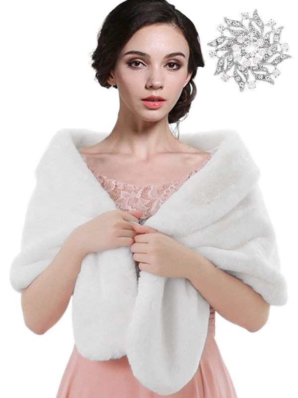 Photo 1 of EASEDAILY Women's Fur Shawls and Wraps Wedding Fur Scarf Faux Bridal Fur Stole with Brooch for Brides and Bridesmaids A-white US 4-14 (S-M)