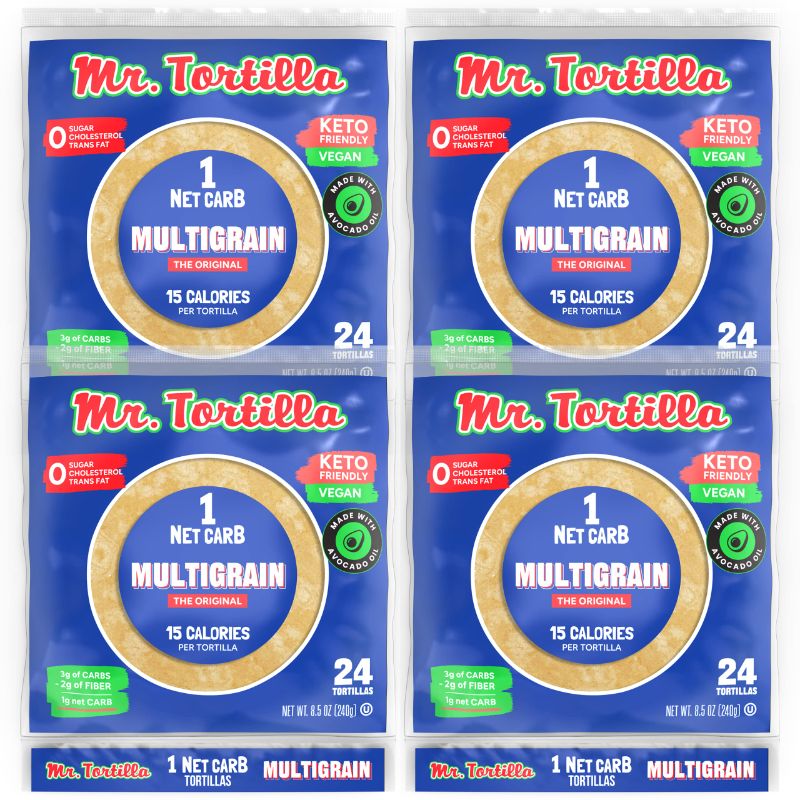 Photo 1 of **NO RETURNS**EXP 4/20/24**Mr. Tortilla 1 Net Carb Tortilla Wraps (96 Tortillas) | Keto, Low Carb, Reduced Calorie, Vegan, Kosher | Only 15 Calories, Delicious & Guilt-Free, Healthy Snacks & Bread Alternative (Multigrain) Multigrain 96 Count (Pack of 1)