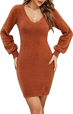 Photo 1 of LUBOT Women Sweater Dress Sexy Turtleneck/V Neck Long Lantern Sleeve Bodycon Slim-Med-Carmel