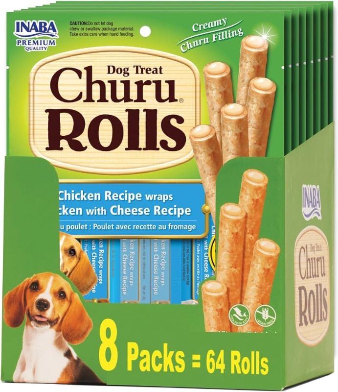 Photo 1 of **NO RETURNS**EXP 5/24**INABA Churu Rolls for Dogs, Soft & Chewy Baked Chicken Wrapped Filled Dog Treats with Vitamin E, 0.42 Ounces Each Stick, 64 Sticks (8 per Pack), Chicken with Cheese Recipe