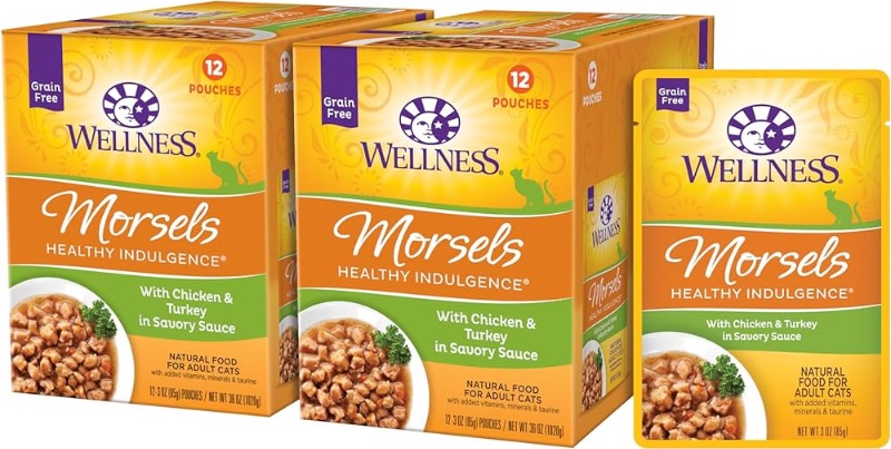 Photo 1 of **NO RETURNS**EXP 6/24**Wellness Healthy Indulgence Morsels Grain-Free Wet Cat Food, Made with Natural Ingredients, Quality Proteins, Complete and Balanced Meal, 3 Oz Pouches (Chicken & Turkey, 24 Pack)