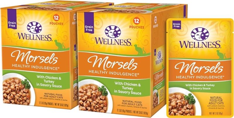 Photo 1 of **NO RETURNS**EXP 6/24**Wellness Healthy Indulgence Morsels Grain-Free Wet Cat Food, Made with Natural Ingredients, Quality Proteins, Complete and Balanced Meal, 3 Oz Pouches (Chicken & Turkey, 24 Pack)