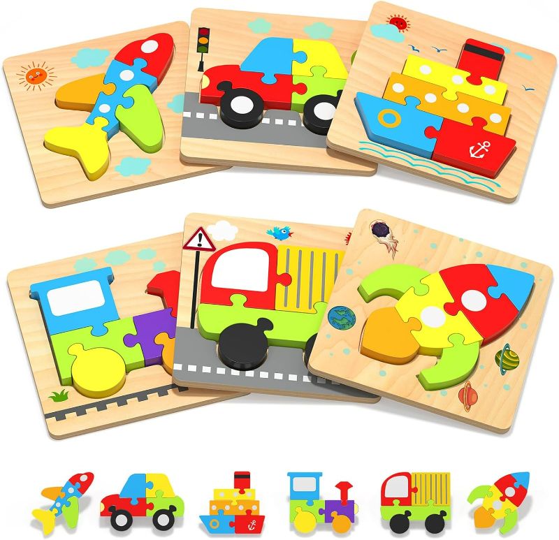 Photo 1 of (READ FULL POST) Wooden Puzzles Toddler Toys for 1 2 3 Year Old Boys Girls Montessori Jigsaw Puzzles with 6 Packs Vehicle Shape Preschool Sensory Learning STEM Toys for Kids Infant Toddlers Educational Games Gifts Rainbow Vihicle