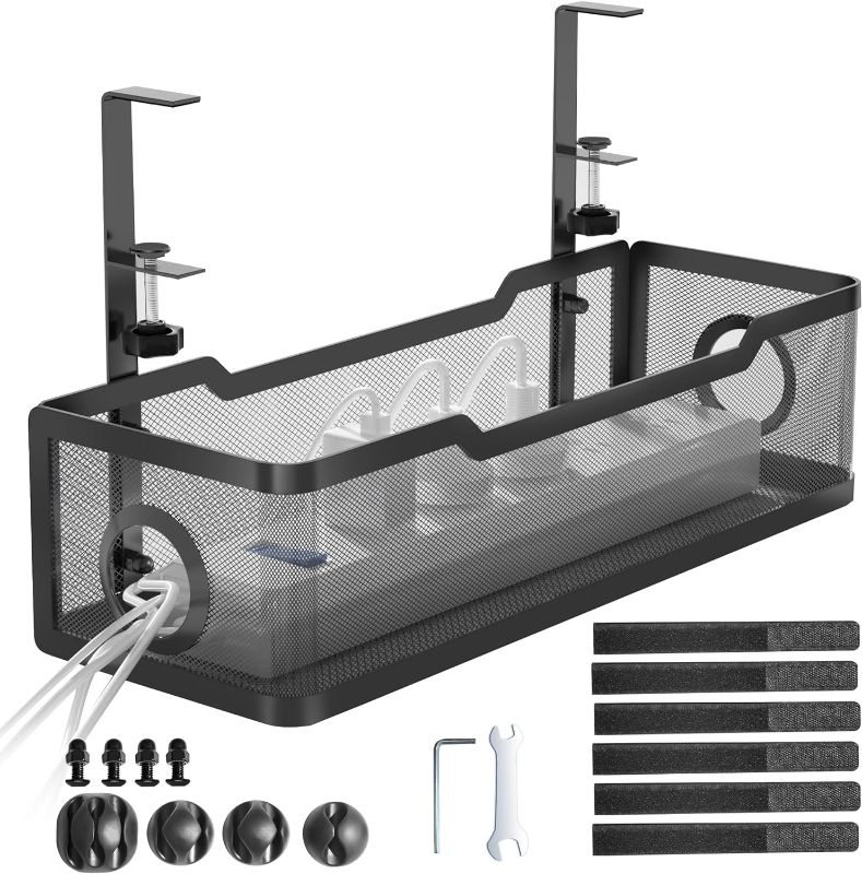 Photo 1 of Under Desk Cable Management Tray Black, Cinati Cable Management Under Desk No Drill, Cable Tray with Clamp for Desk Wire Management,Desk Cable Management Box for Office, Home - No Damage to Desk