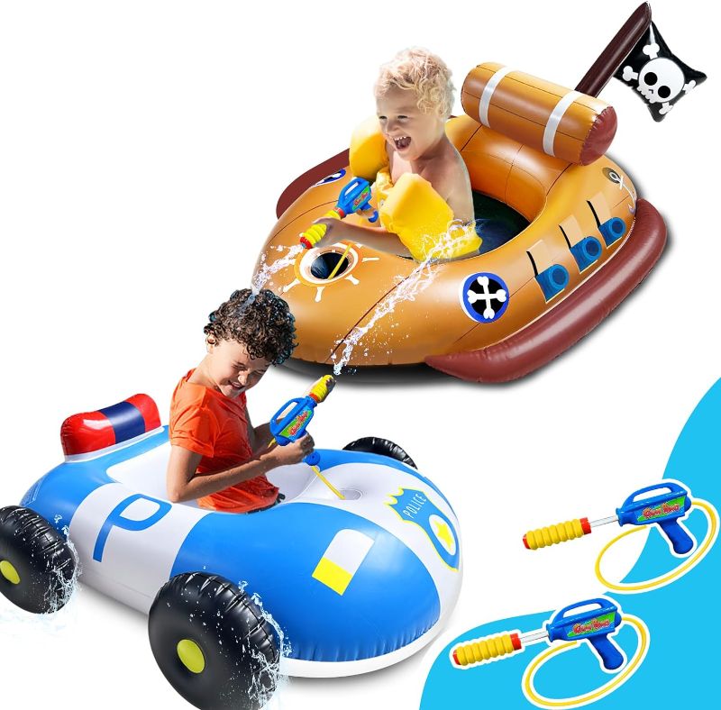 Photo 1 of 2 Pack Pool Floats Kids with Water Guns, Inflatable Pirate Ship & Police Car Pool Floaties Toys for 3-11 Years Kids Toddler Boys Girls Summer Outdoor Swimming Pool Party Games