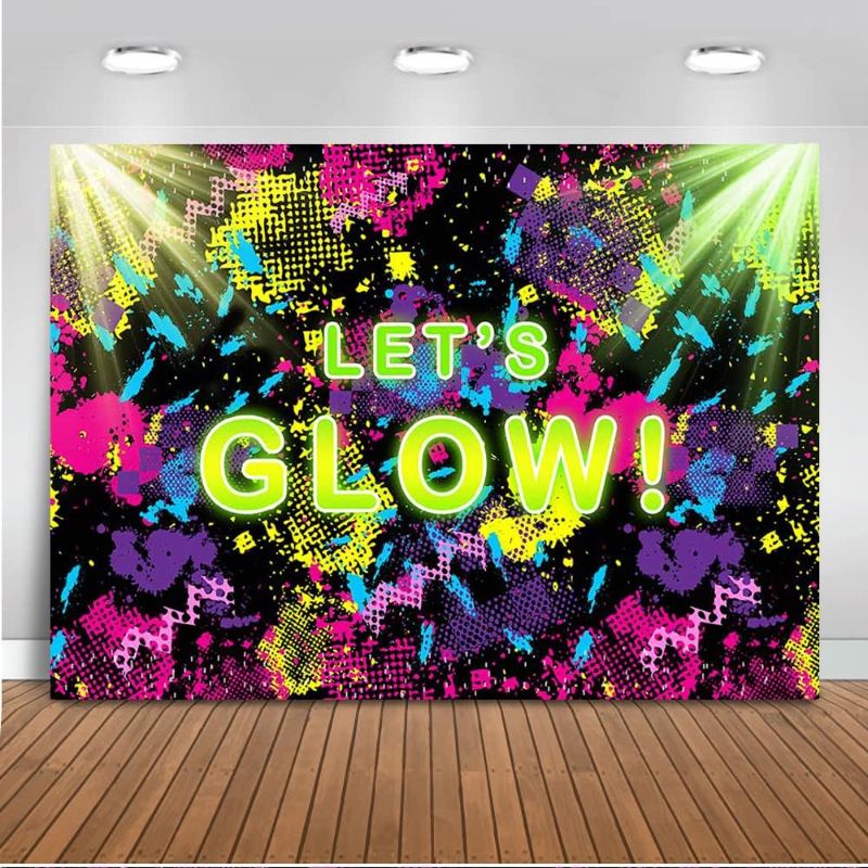 Photo 1 of Mocsicka Let's Glow Backdrop 7x5ft Glow Neon Party Splatter Background Glow Theme Birthday Party Backdrop Neon Party Supplies Background Party Decoration