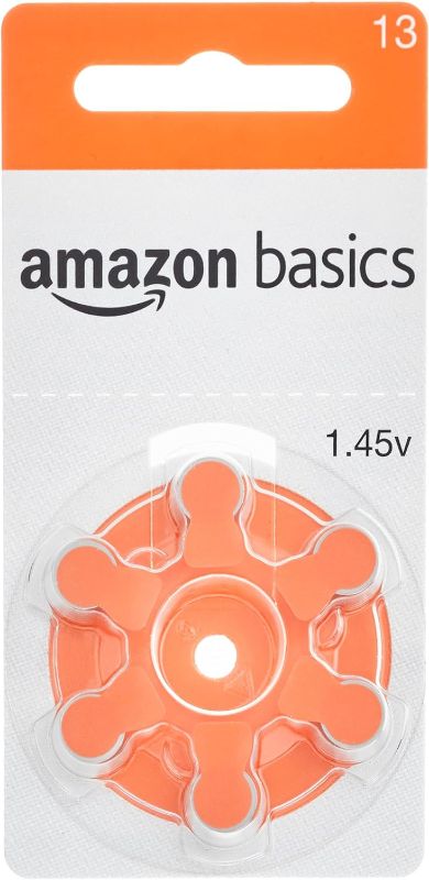 Photo 1 of Amazon Basics 60-Pack Hearing Aid Size 13 Zinc-Air Batteries, 1.45 Volt, Orange Tab, 4-Year Shelf Life
