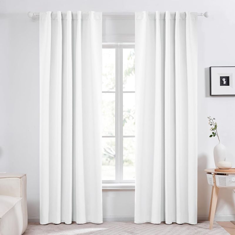 Photo 1 of Deconovo White Curtains for Living Room - Back Tab Rod Pocket Drapes and Curtains 95 Inches Long (42x95 Inch, White, 2 Panels), Curtains for Sliding Door