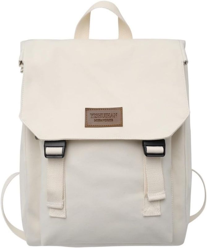 Photo 1 of **prev used**Preppy Backpack Canvas Flip Top Backpack Light Academia Aesthetic Backpack Height Adjustable Large Solid Laptop Backpack (White)