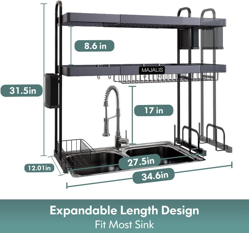 Photo 3 of (NON-REFUNDABLE) MAJALiS Over Sink Dish Drying Rack, Stainless Steel 2 Tier Large Dish Drainer Above Sink Adjustable 27.5" - 33.5", Expandable Kitchen Counter Organizer Storage Shelf with 6 Hooks Gray