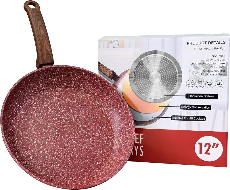 Photo 1 of **handle not attached, missing screw**Nonstick Frying Pan Skillet, 12inch, Non Stick Granite Red Coating, Egg Pan Fry Pan Omelet Pan Healthy Stone Cookware Chef’s Pan, PFOA Free, Induction Compatible
