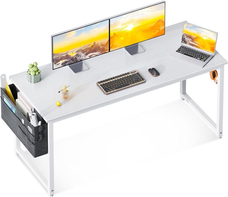 Photo 1 of ODK Computer Desk Large Office Desk, 55 Inch Gaming Desk with Storage, Modern PC Desk Work Table with Headphone Hook for Home Office, White + White Leg
