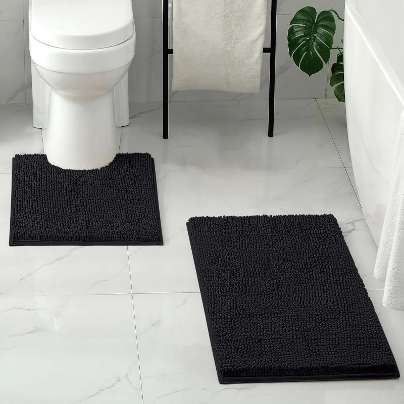 Photo 1 of **prev used*** 2 Pieces Bathroom Rugs, Ultra Soft Non Slip Absorbent Chenille Toilet Bath Mat Set (Black)
