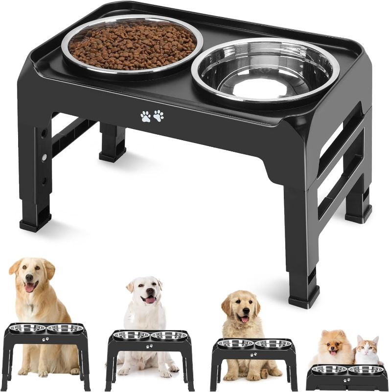 Photo 1 of Elevated Dog Bowls, 4 Height Adjustable Raised Dog Bowl Stand with 2 Thick 50oz Stainless Steel Dog Food Bowls Non-Slip Dog Feeder for Large Medium Dogs Adjusts to 3.7", 9.2", 10.75", 12.36" Black
