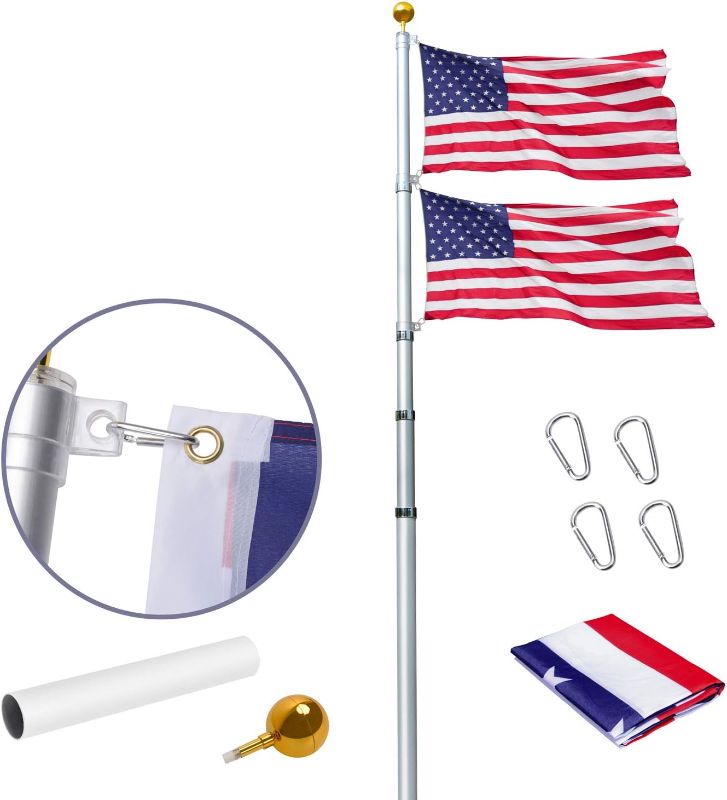 Photo 1 of **prev used very scratched up***20FT Telescoping Flag Pole Kit, Heavy Duty 16 Gauge Aluminum Outdoor In Ground Flag Poles with 3x5 USA Flag, for Residential or Commercial, Silver (Silver, 30 FT)
