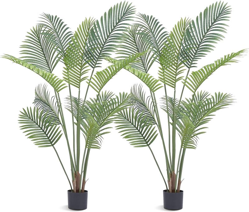 Photo 1 of  Artificial Palm Tree, 5 FT Tall Faux Plant, Secure PE Material & Anti-Tip Tilt Protection Low-Maintenance Plant, Lifelike Green Fake Tree for Home Office Christmas Decor Indoor Outdoor - 2 Pack
