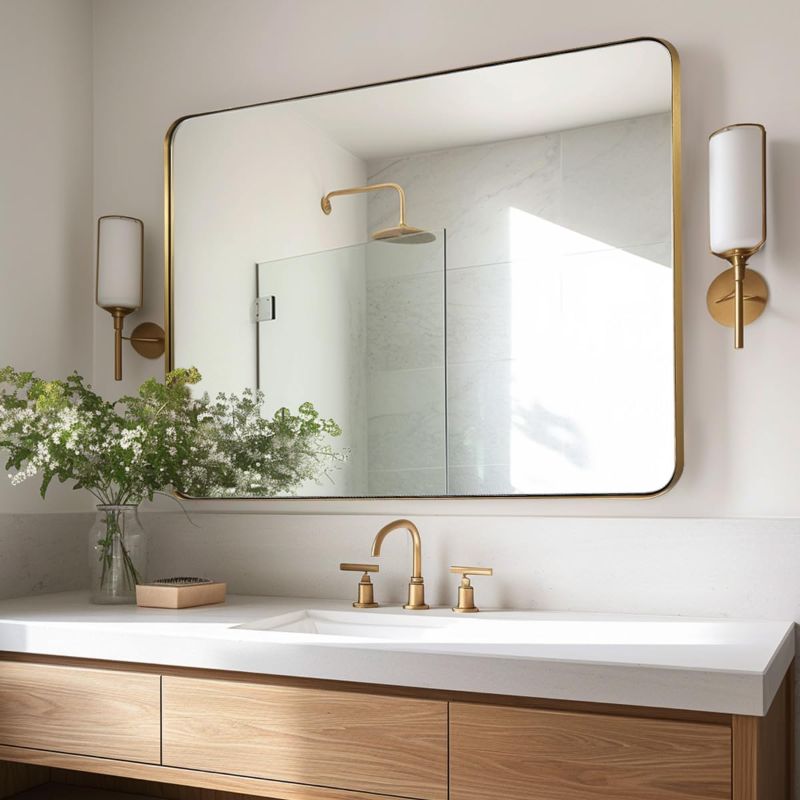 Photo 1 of  30"x40"Gold Bathroom Mirror for Wall, Brushed Brass Metal Rounded Corner Rectangle Modern Mirror, Modern Framed in Stainless Steel
