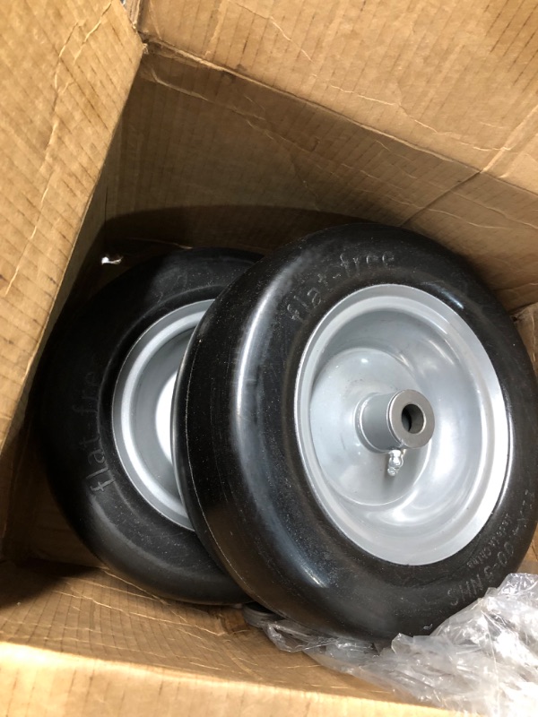 Photo 2 of 2 PCS 11x4.00-5" Flat Free Lawn Mower Tire on Wheel, 3/4" or 5/8" Bushing, 3.4"-4"-4.5 -5" Centered Hub, Universal Fit Smooth Tread Tire for Zero Turn Lawn Mowers, with Universal Adapter Kit