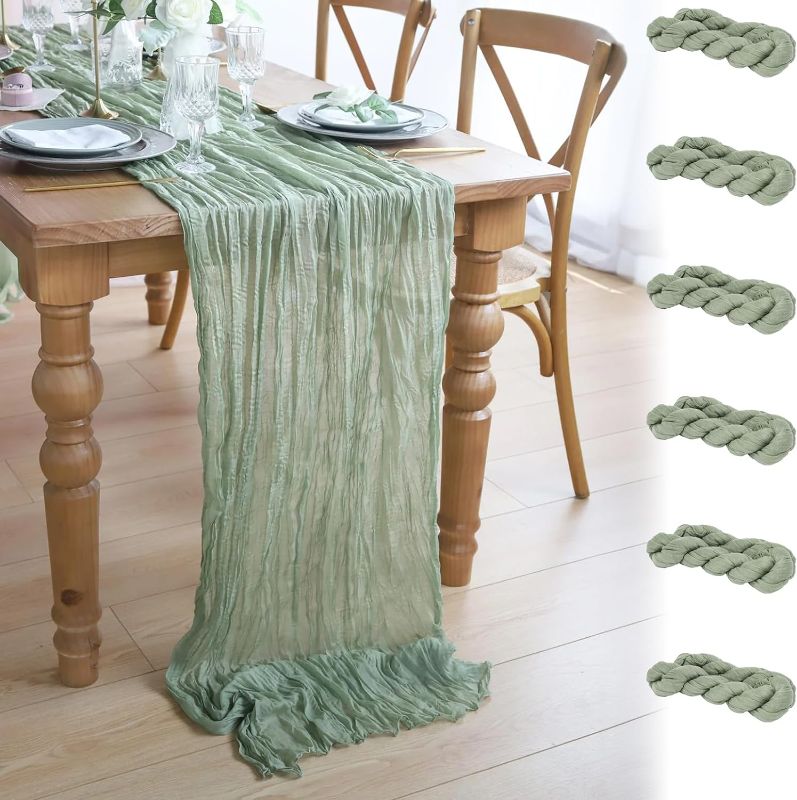 Photo 1 of 6 Pack 10Ft Sage Green Cheesecloth Table Runner 35x120 Inch Gauze Table Runner Rustic Table Runner Long Table Runner for Wedding Decor Gender Reveal Decor Wedding Decorations Tea Party Decorations
