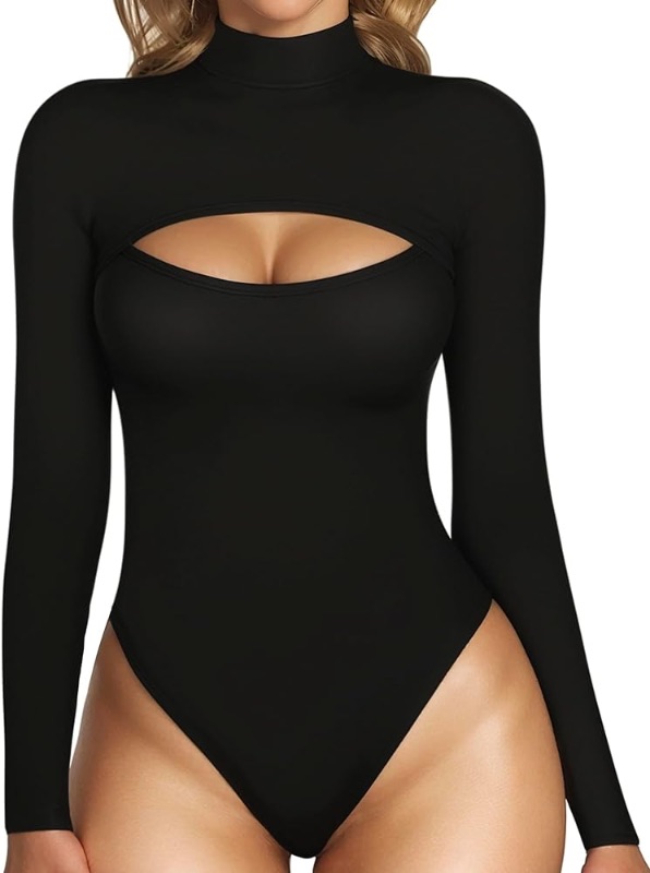 Photo 1 of *PREVIOUSLY OPENED* MANGOPOP Mock Neck Cutout Front Top Long Sleeve Short Sleeve Bodysuits for Women