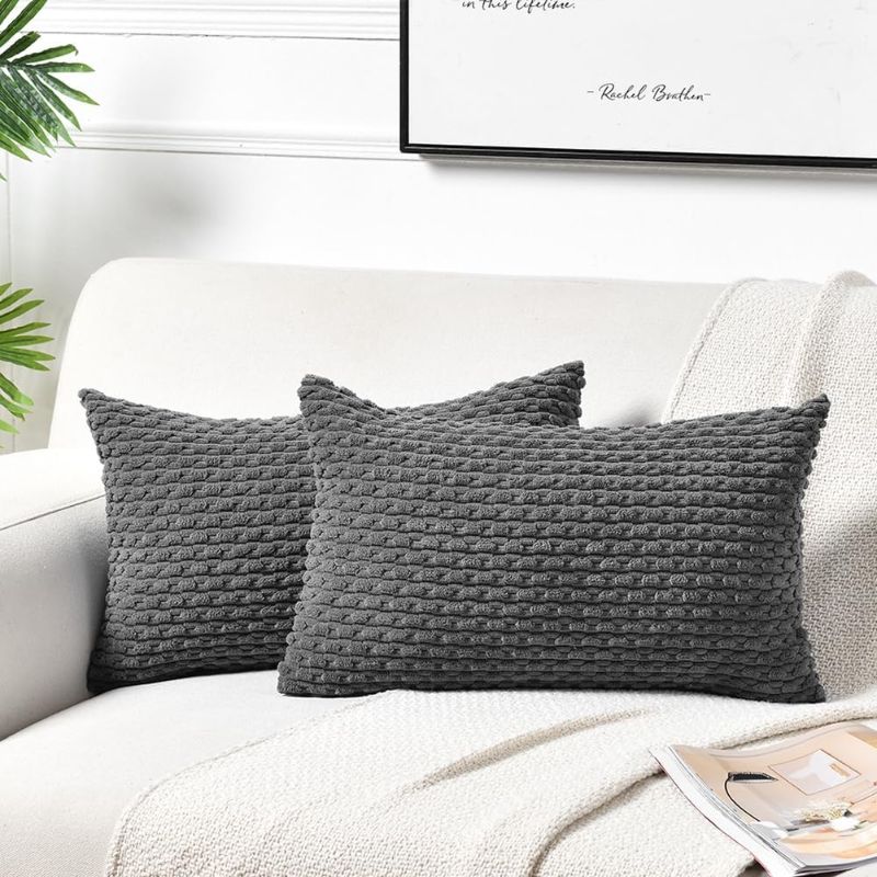 Photo 1 of Fancy Homi Set of 2 Dark Gray Lumbar Decorative Throw Pillow Covers 12x20 Inch for Couch Living Room Bed Sofa, Modern Farmhouse Boho Home Decor, Soft Plush Grey Corduroy Rectangle Cushion Case
