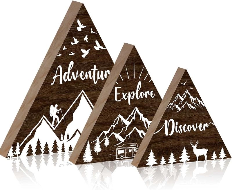 Photo 1 of 3 Pcs Wooden Mountain Decor Woodland Adventure Decor for Boy Travel Adventure Mountain Table Decor Centerpiece for Home Bedroom Bathroom Shelf Wall Rustic Farmhouse Decoration (Brown)
