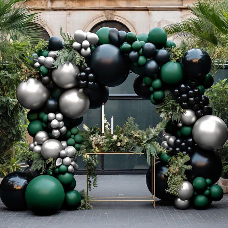 Photo 1 of Black Green Silver Balloon Garland Double Stuffed Dark Green Black Balloons Emerald Green Football Balloons Forest Green Metallic Silver Balloon Arch Kit for Baby Shower Jungle Birthday Party Decor
