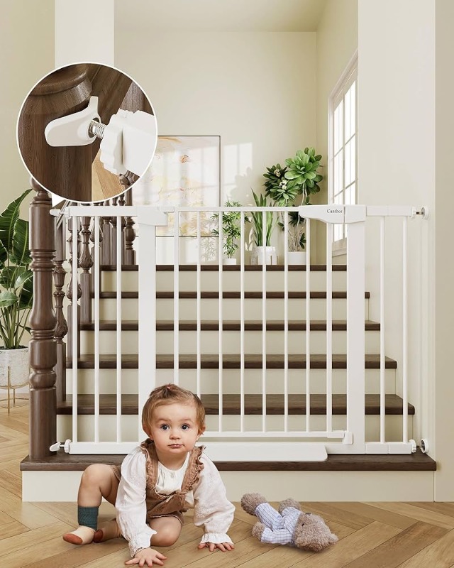 Photo 1 of Cumbor 29.7-46" Baby Gate for Stairs, Mom's Choice Awards Winner-Auto Close Dog Gate for the House, Easy Install Pressure Mounted Pet Gates for Doorways, Easy Walk Thru Wide Safety Gate for Dog, White