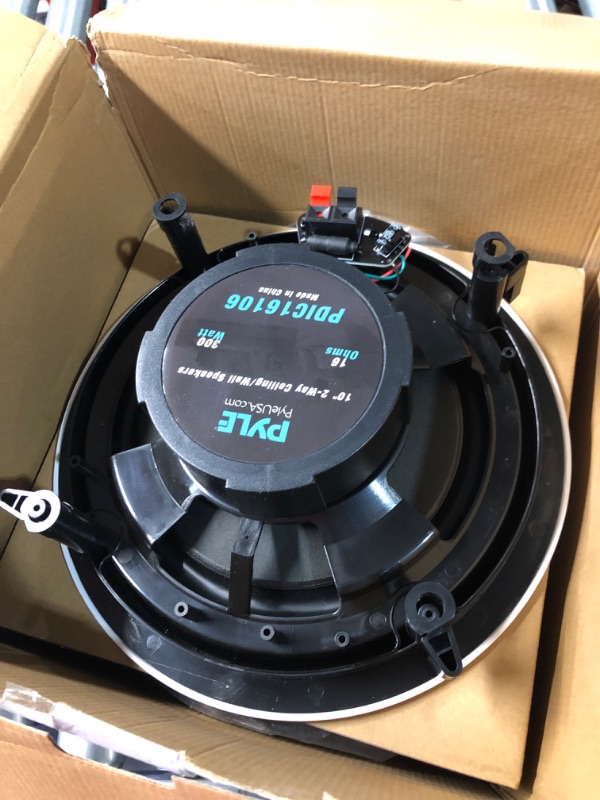 Photo 1 of Pyle Pair 10” Flush Mount in-Wall in-Ceiling 2-Way Speaker System Spring Loaded Quick Connections Changeable Round/Square Grill Stereo Sound Polypropylene Cone Polymer Tweeter 300 Watts (PDIC16106)