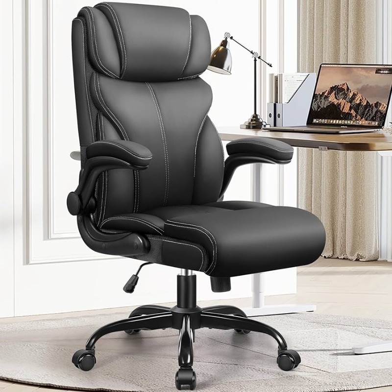 Photo 1 of Office Chair, Ergonomic Big and Tall Computer Desk Chairs, Executive Breathable Leather Chair with Adjustable High Back Flip-up Armrests, Lumbar Support Swivel PC Chair with Rocking Function