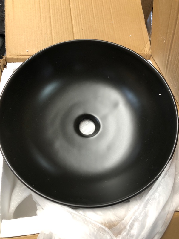 Photo 2 of bathivy Bathroom Vessel Sink with Pop Up Drain 16" Round Vessel Sink Basin Matte Black Above Counter Ceramic Sink Bowl Countertop Circular Porcelain Washing Basin Art Basin for Lavatory Vanity Cabinet