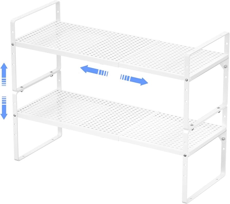 Photo 1 of ARCCI Expandable Kitchen Cabinet Shelf Organizers 2 Pack, Stackable Metal Pantry Storage Shelves Rack, Adjustable Counter Shelf for Cabinets, Countertop, Cupboard Organizers and Storage, White