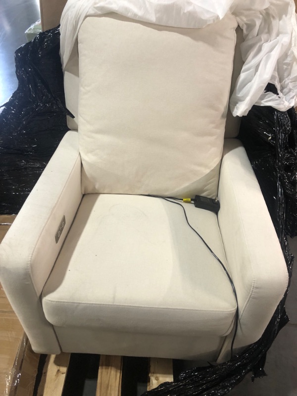 Photo 1 of Babyletto Sigi Electronic Power Recliner & Glider with USB Port in Performance Cream Eco-Weave with Light Wood Base