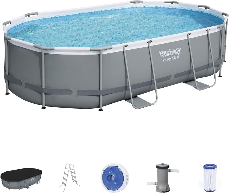 Photo 1 of 
Bestway Power Steel 16' x 10' x 42" Rectangular Metal Frame Above Ground Swimming Pool Set with 1000 GPH Filter Pump, Ladder, and Pool Cover