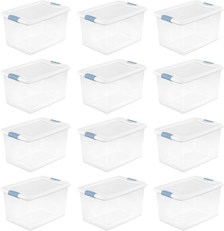 Photo 1 of 
Sterilite 64 Qt Latching Storage Box, Stackable Bin with Latch Lid, Plastic Container to Organize Clothes in Closet, Clear with White Lid, 12-Pack