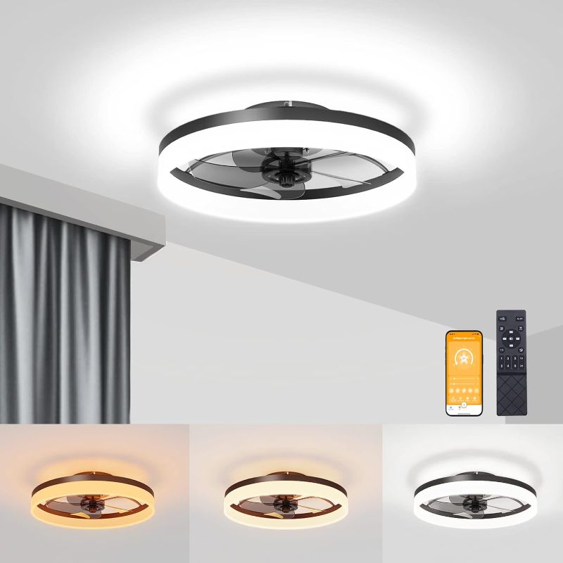 Photo 1 of 
VOLISUN Low Profile Ceiling Fans with Lights and Remote, Fandelier Ceiling Fan Flush Mount 19.7inch, 3000K-6500K Smart Bladeless LED Fan Light, Black Modern...