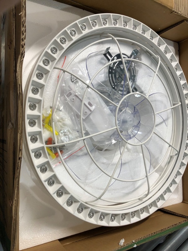 Photo 1 of Caged Ceiling Fan with Lights, White Flush Mount Bladeless Ceiling Fan, Indoor Enclosed Ceiling Fan with Remote Control & APP Control Fandelier for Bedroom Kids Room White-634