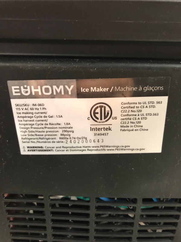 Photo 1 of [READ NOTES]
EUHOMY Countertop Ice Maker Machine with Handle, 26lbs in 24Hrs, 9 Ice Cubes Ready in 6 Mins, Auto-Cleaning (Black)