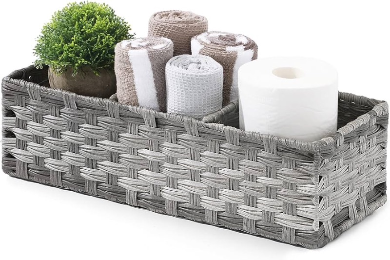 Photo 1 of Larger Compartments] Toilet Tank Topper Paper Basket - Multiuse Hand Woven Plastic Wicker Basket with Divider for Organizing, Rustic Farmhouse Bathroom Decor, Countertop Organizer Storage, Grey