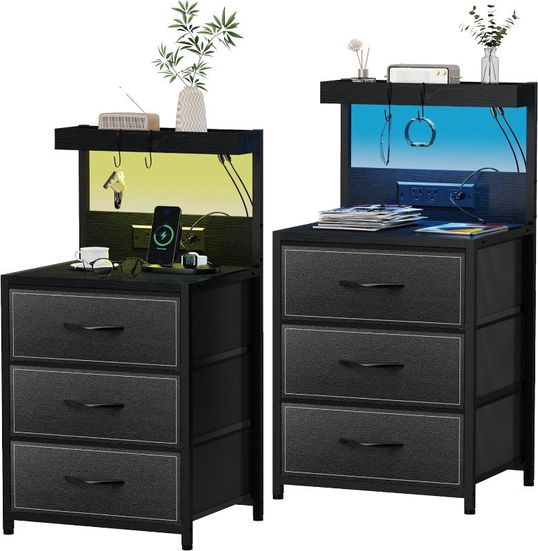 Photo 1 of LED Nightstand Set of 2, Dresser Nightstand with 3 Drawers and Type C Charging Station, Storage End Table Black