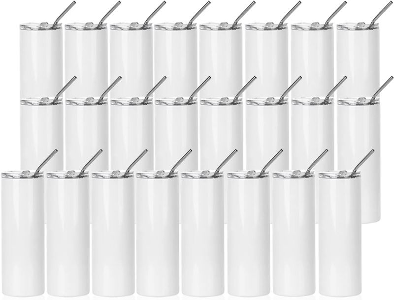 Photo 1 of 
PYD Life 24 Pack Sublimation Tumbler Blanks Skinny 20 OZ White Straight Bulk Stainless Steel Tumbler with Metal Straw and Lid for Tumbler