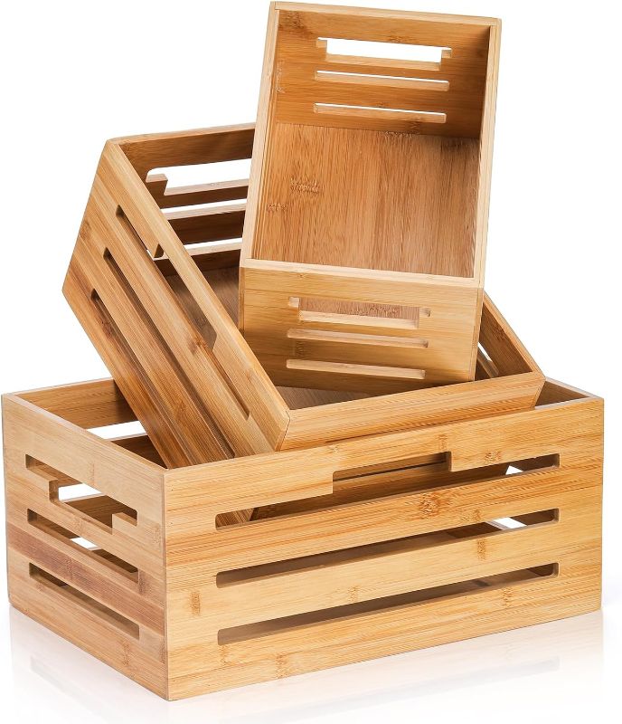 Photo 1 of 
Youeon Set of 3 Bamboo Nesting Crates with Handles, 14.6/12/9.5 Inch Bamboo Crates for Storage and Rustic Decor, Decorative Storage