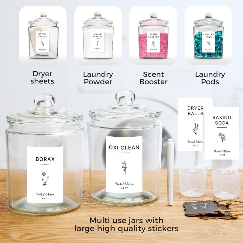 Photo 3 of (READ FULL POST) Arjust Glass Jars for Laundry Room Organization Jars Half Gallon Laundry Pods Container with Scoops Labels Chalkboards eBook Laundry Jars for Detergent Powder Dryer Balls Scent Boosters Dryer Sheets Two Jars Chalkboards